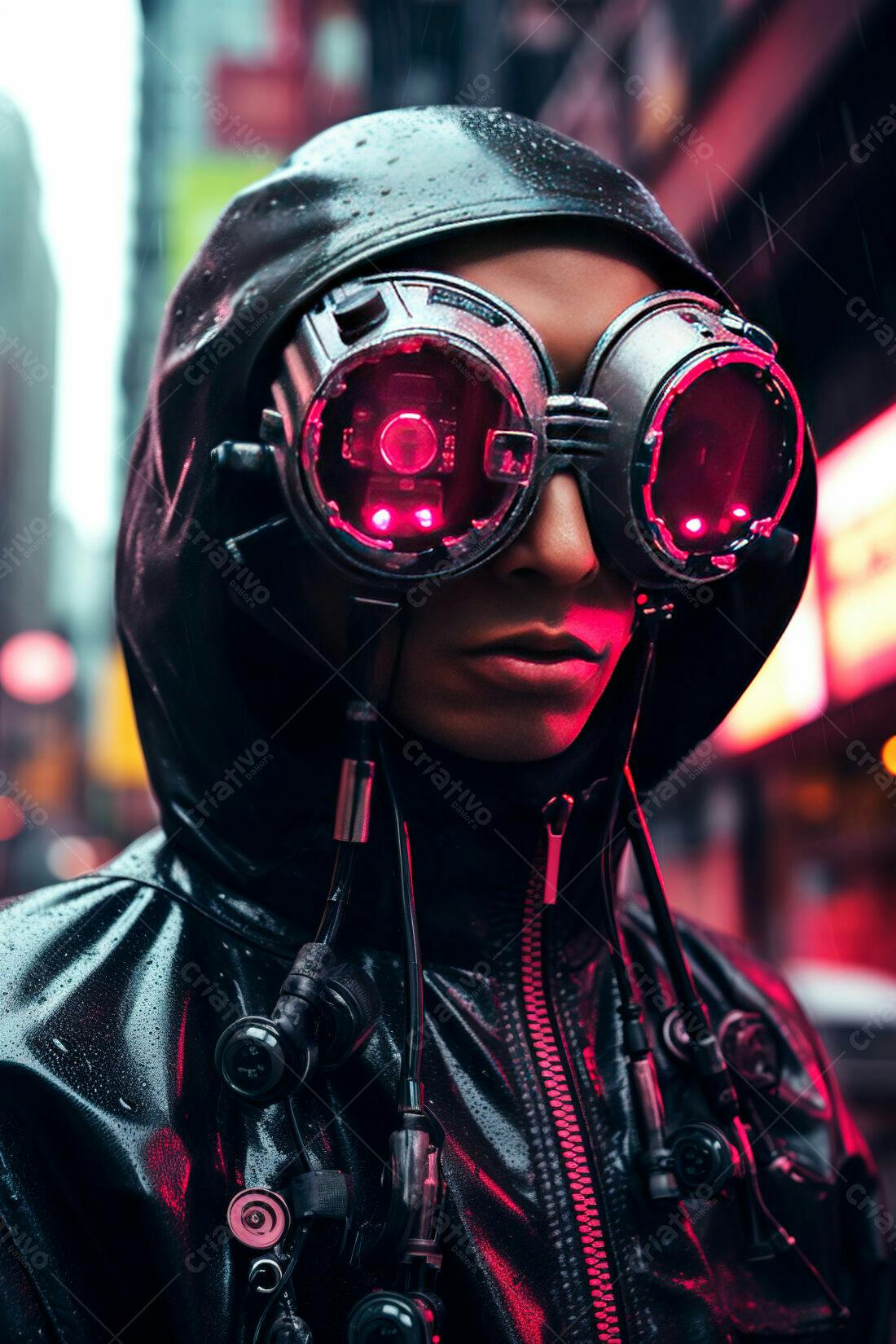 Homem com óculos futuristas em cidade chuvosa