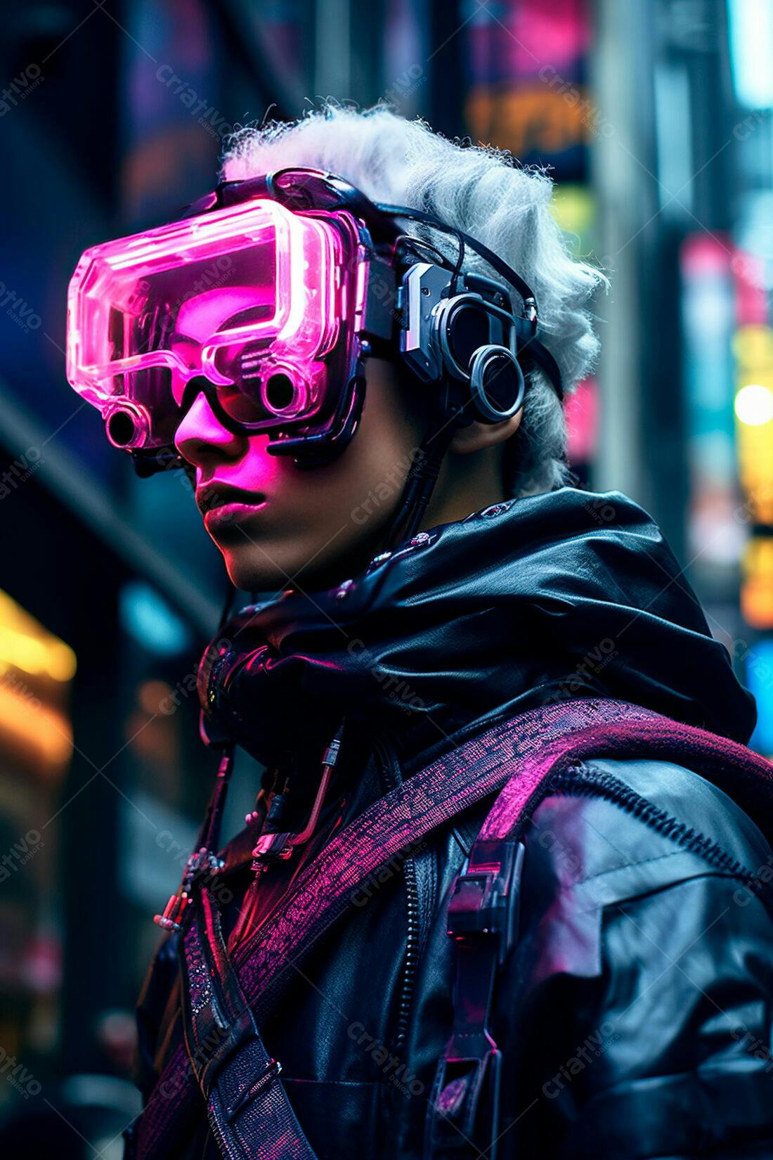 Pessoa com óculos futuristas em cidade noturna