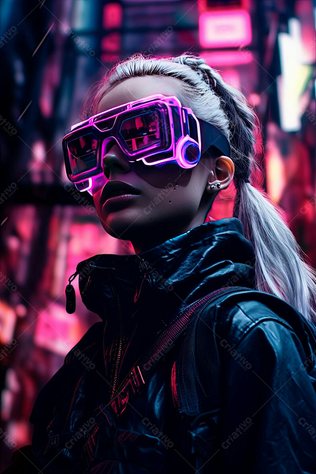 Cyberpunk Mulher com Óculos Neon em Cidade Noturna