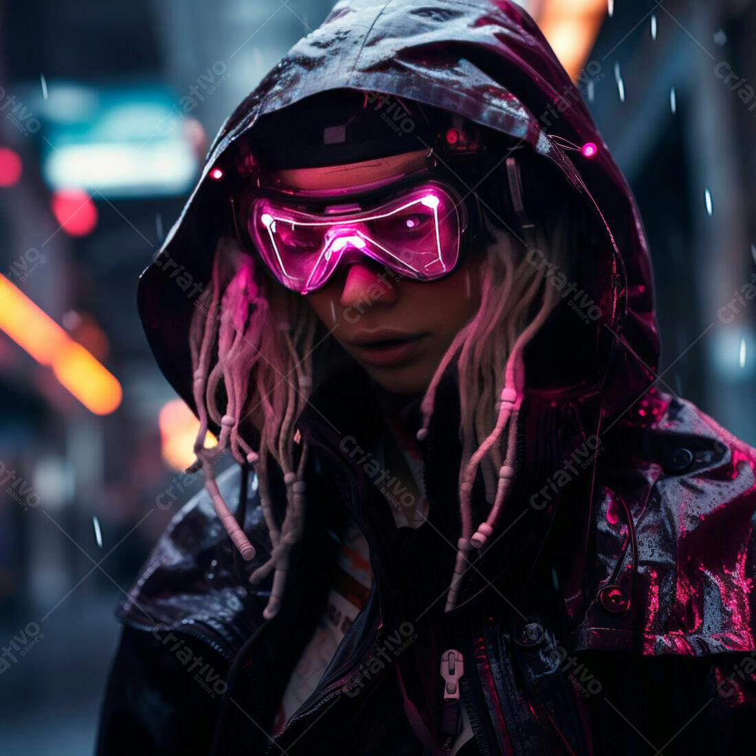 Cyberpunk Mulher sob Chuva em Cidade Neon