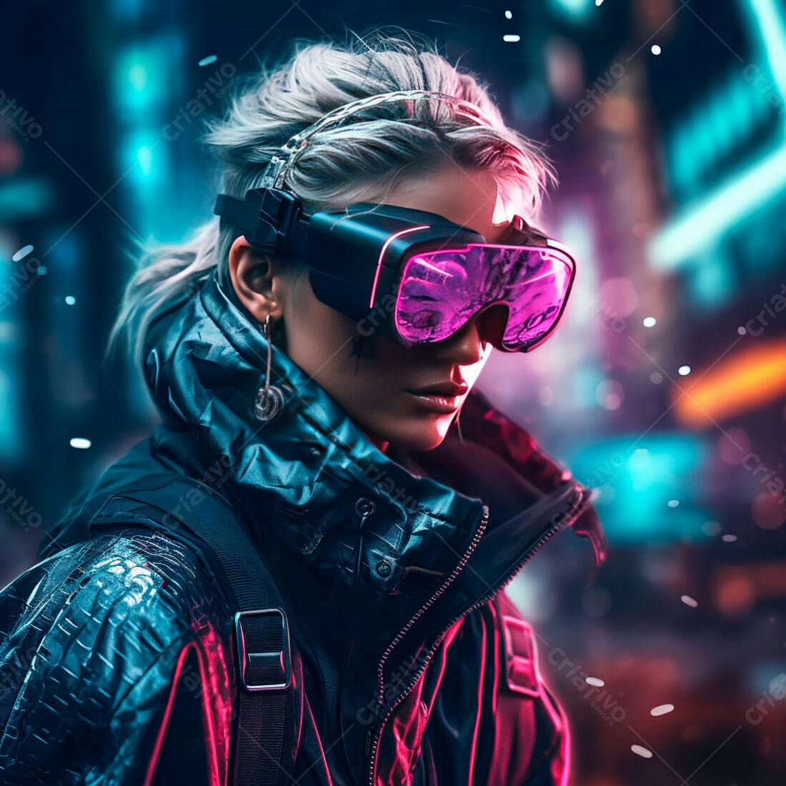 Cyberpunk Mulher com Óculos Rosa em Cidade Noturna