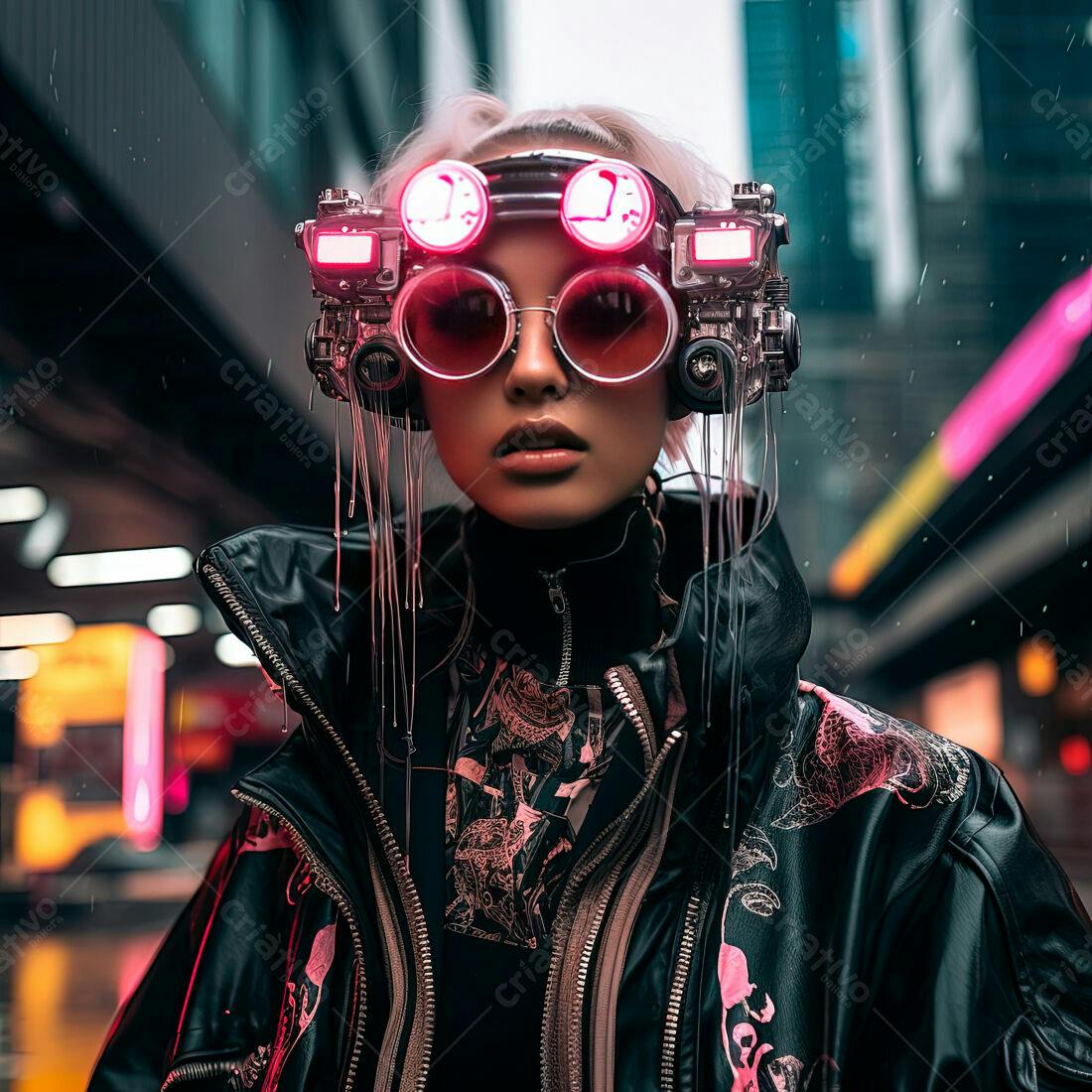 Modelo usando óculos futuristas em cidade cyberpunk