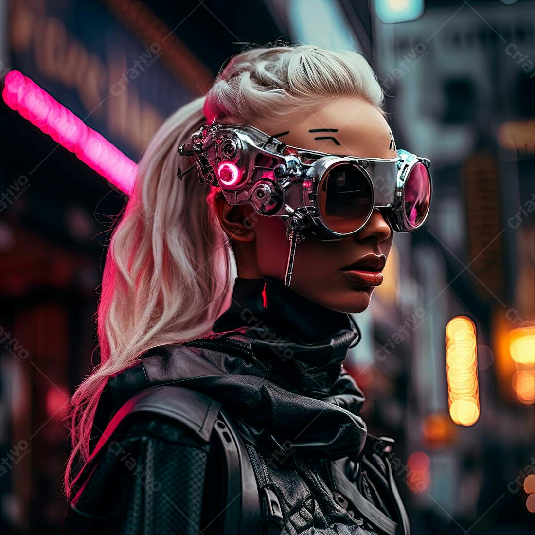 Mulher Cyberpunk com óculos futuristas em cidade noturna