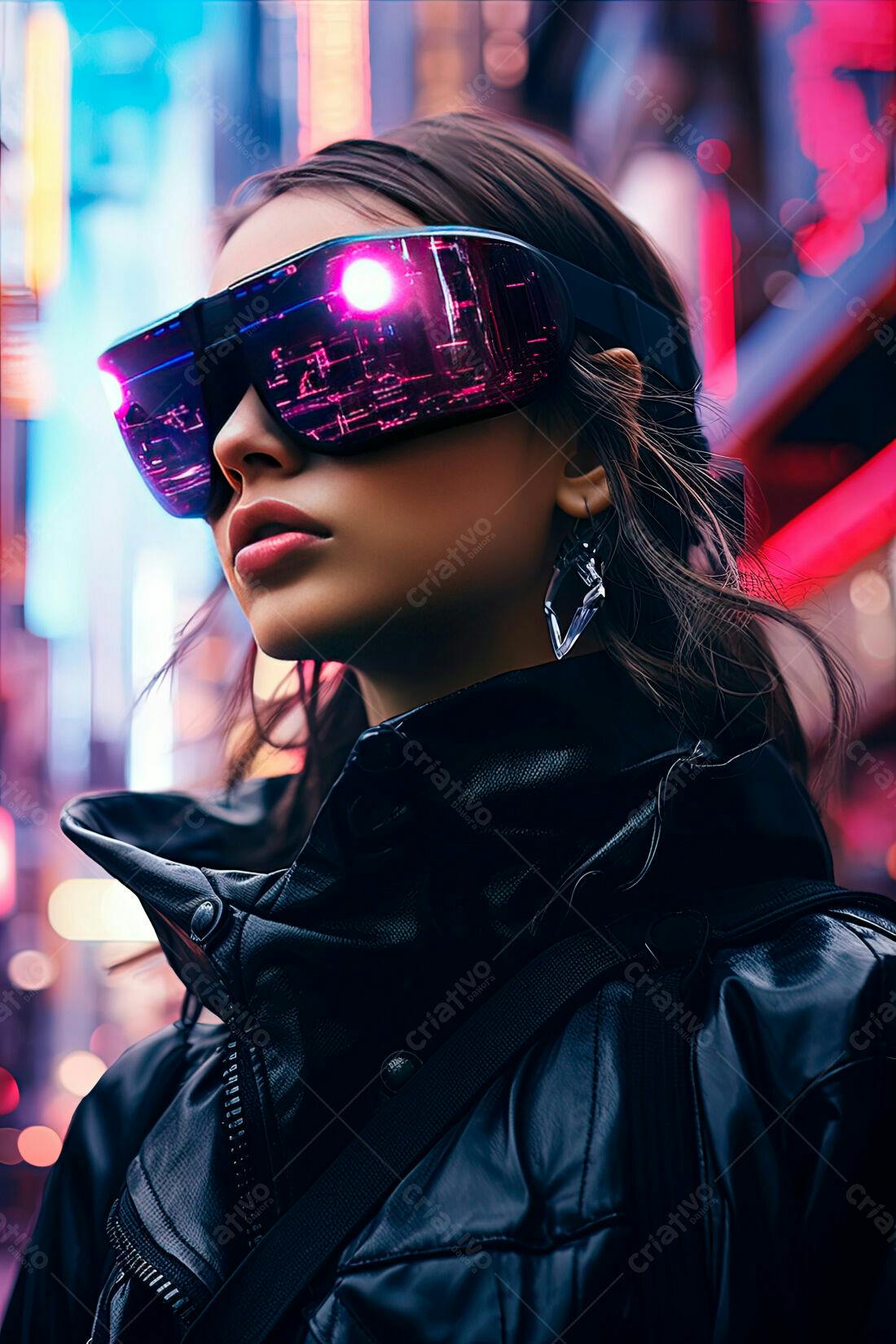 Mulher futurista óculos neon cidade noturna
