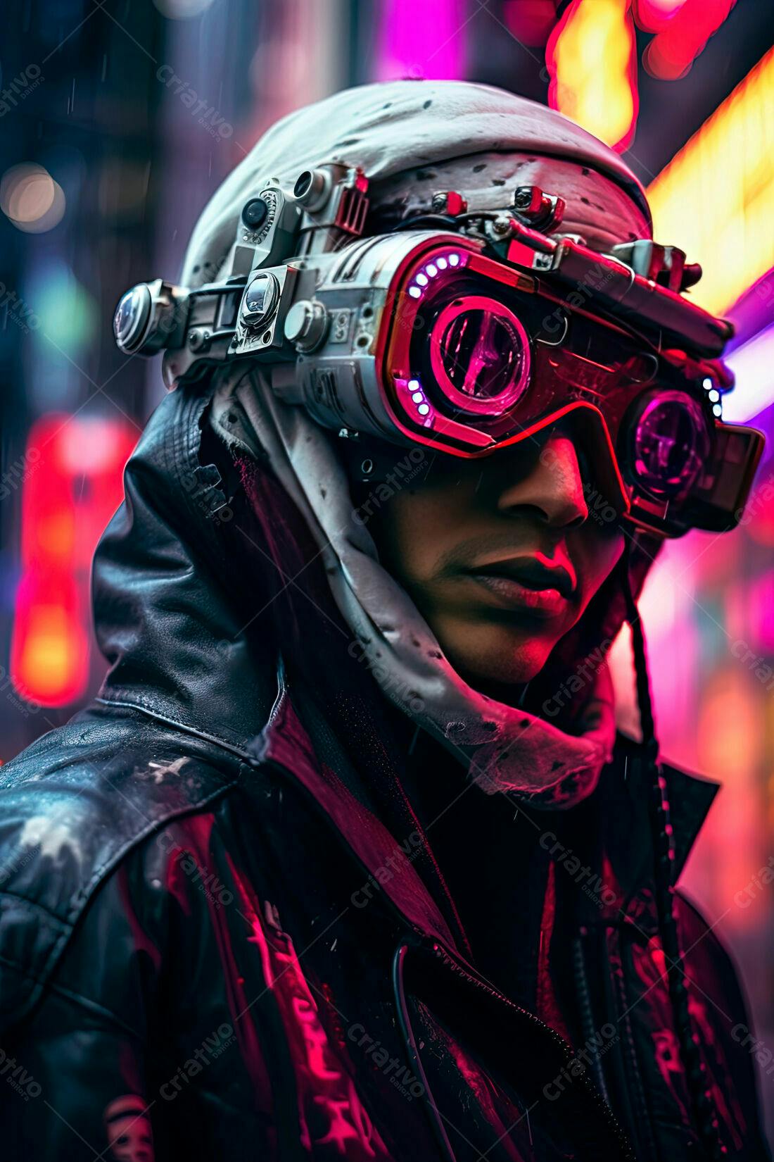 Homem com óculos futuristas em cidade noturna