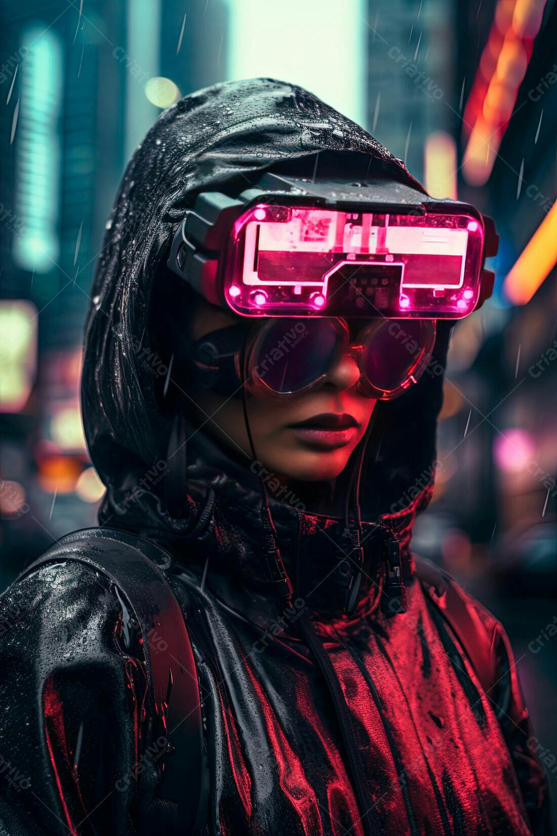 Mulher futurista com óculos em chuva noturna