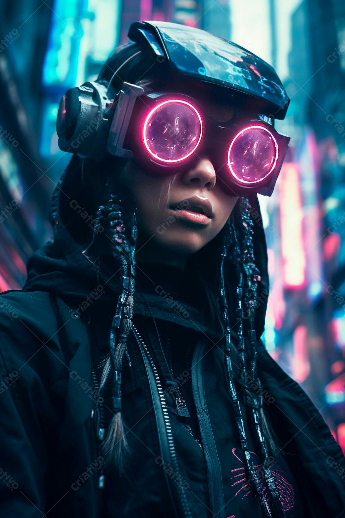 Cyberpunk mulher óculos futuristas neon