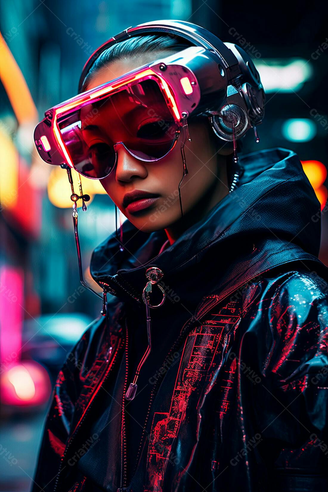 Mulher futurista com óculos neon em cidade noturna