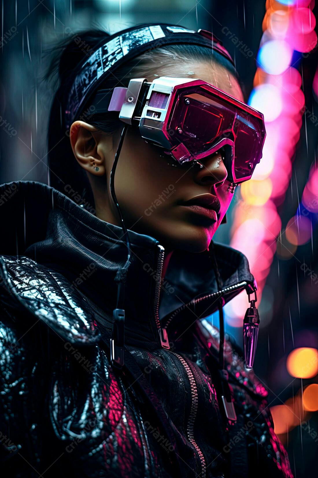 Cyberpunk Mulher com Óculos futuristas na chuva