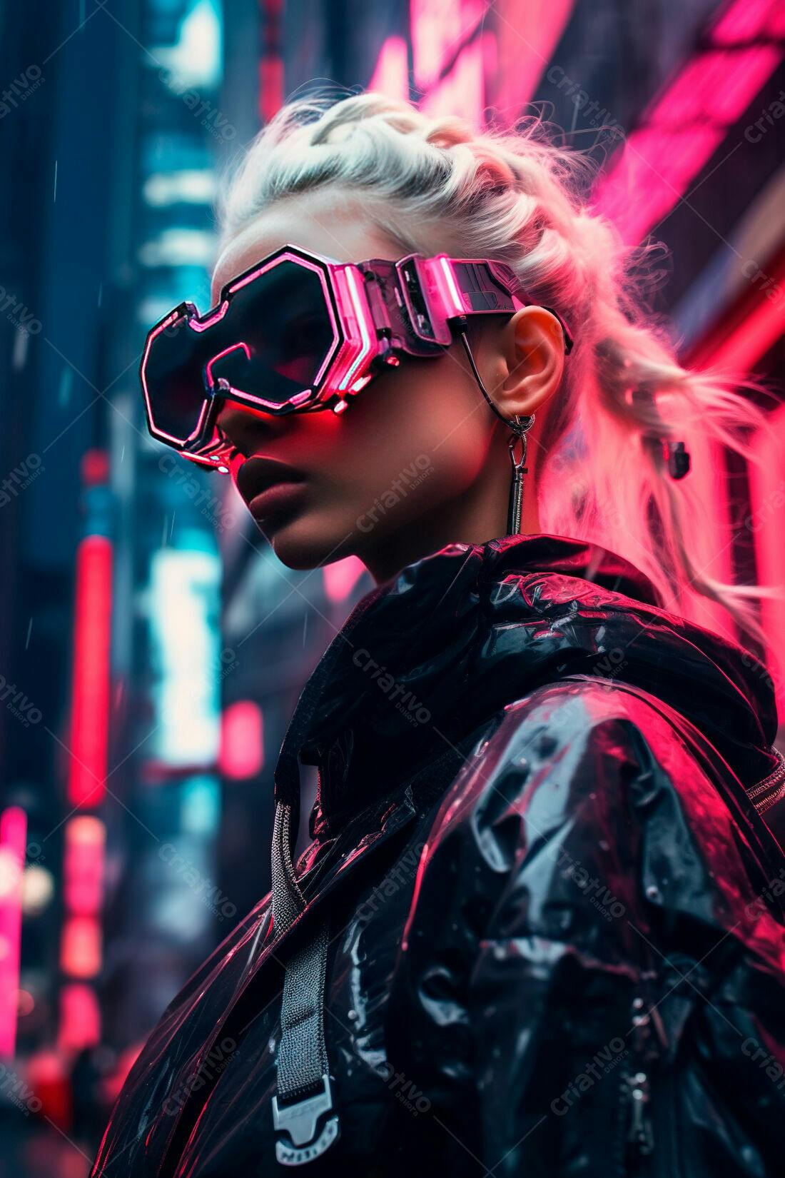 Cyberpunk Mulher com Óculos Neon em Cidade Chuva