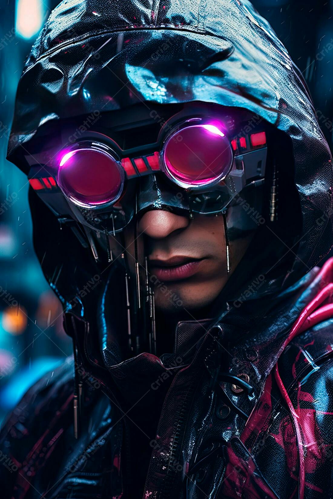 Homem com óculos futuristas em noite chuvosa