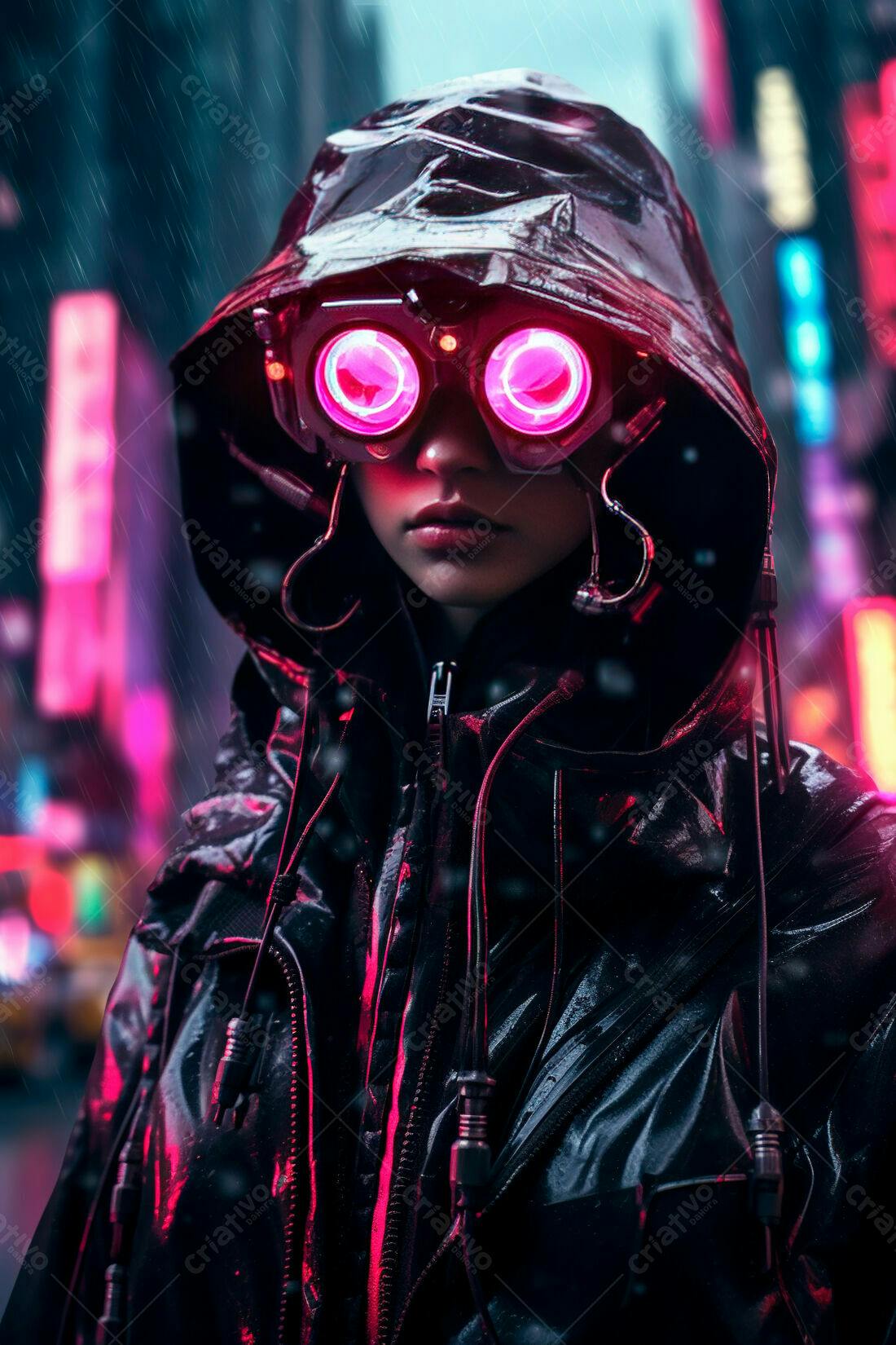 Cyberpunk Mulher com Óculos Neon na Chuva