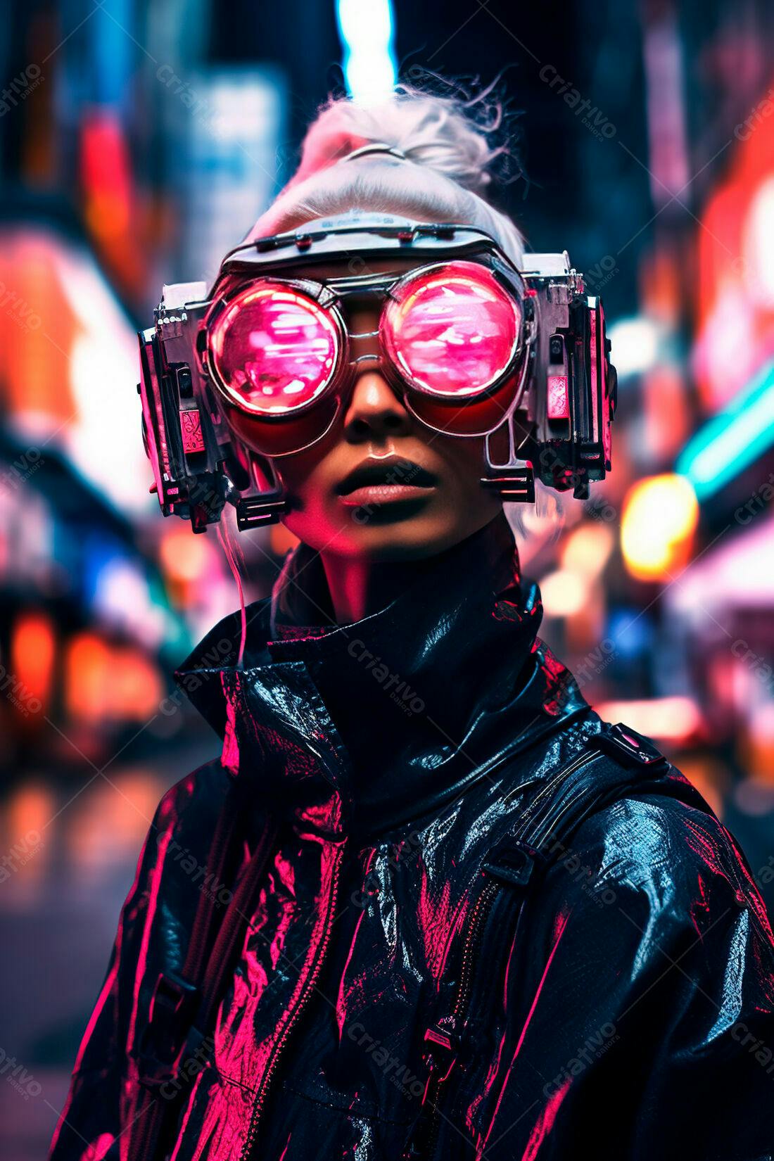 Mulher futurista óculos neon cidade noite