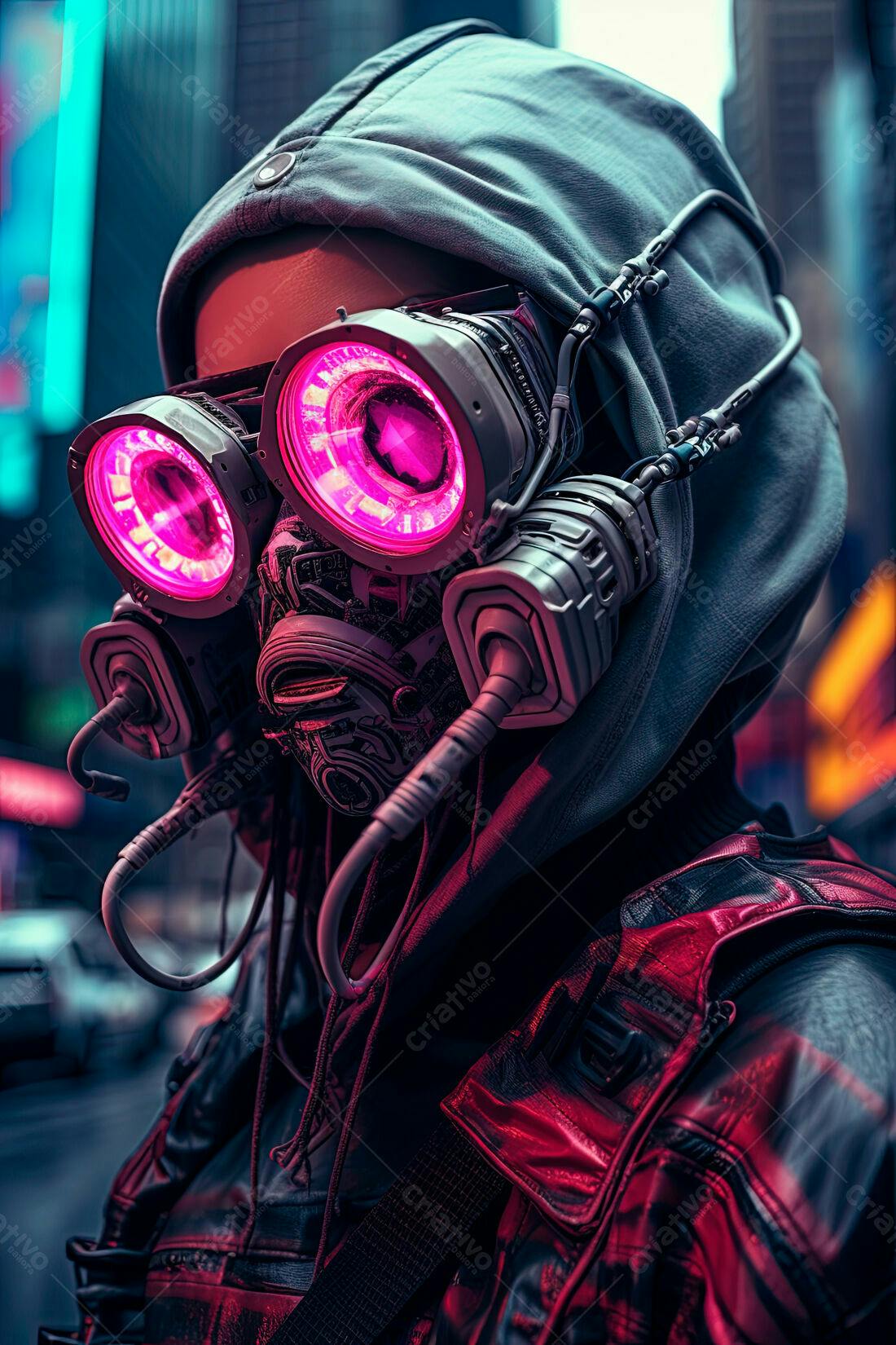 Máscara futurista com luzes rosa em cidade noturna