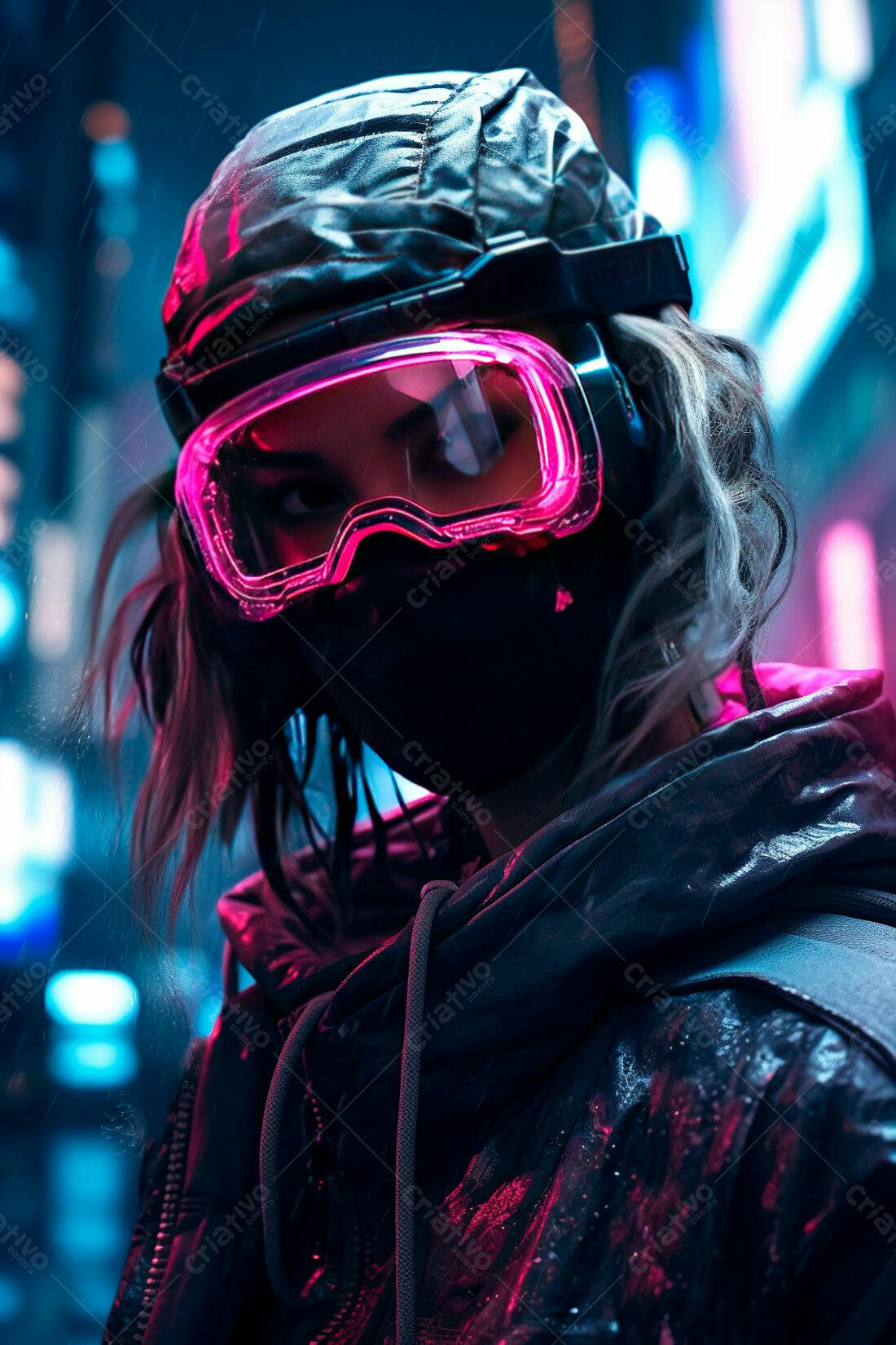 Mulher Cyberpunk com óculos neon em cidade noturna