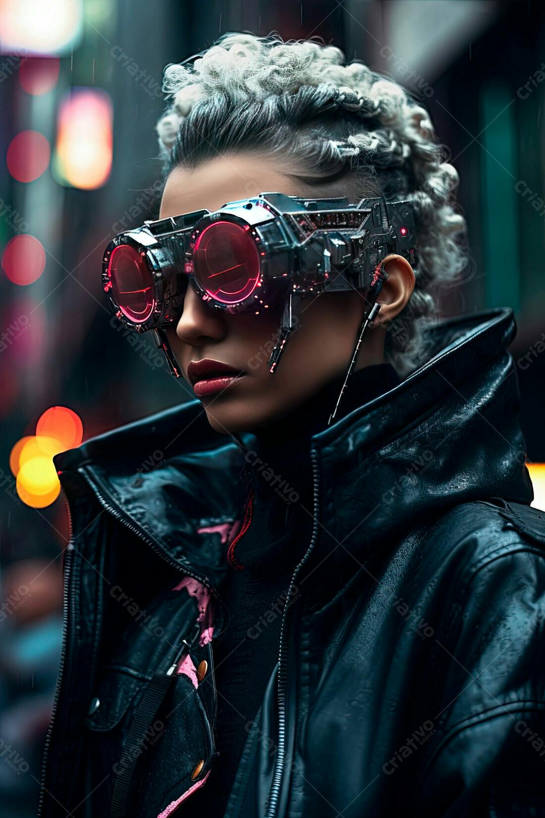 Mulher futurista óculos cyberpunk noite chuvosa
