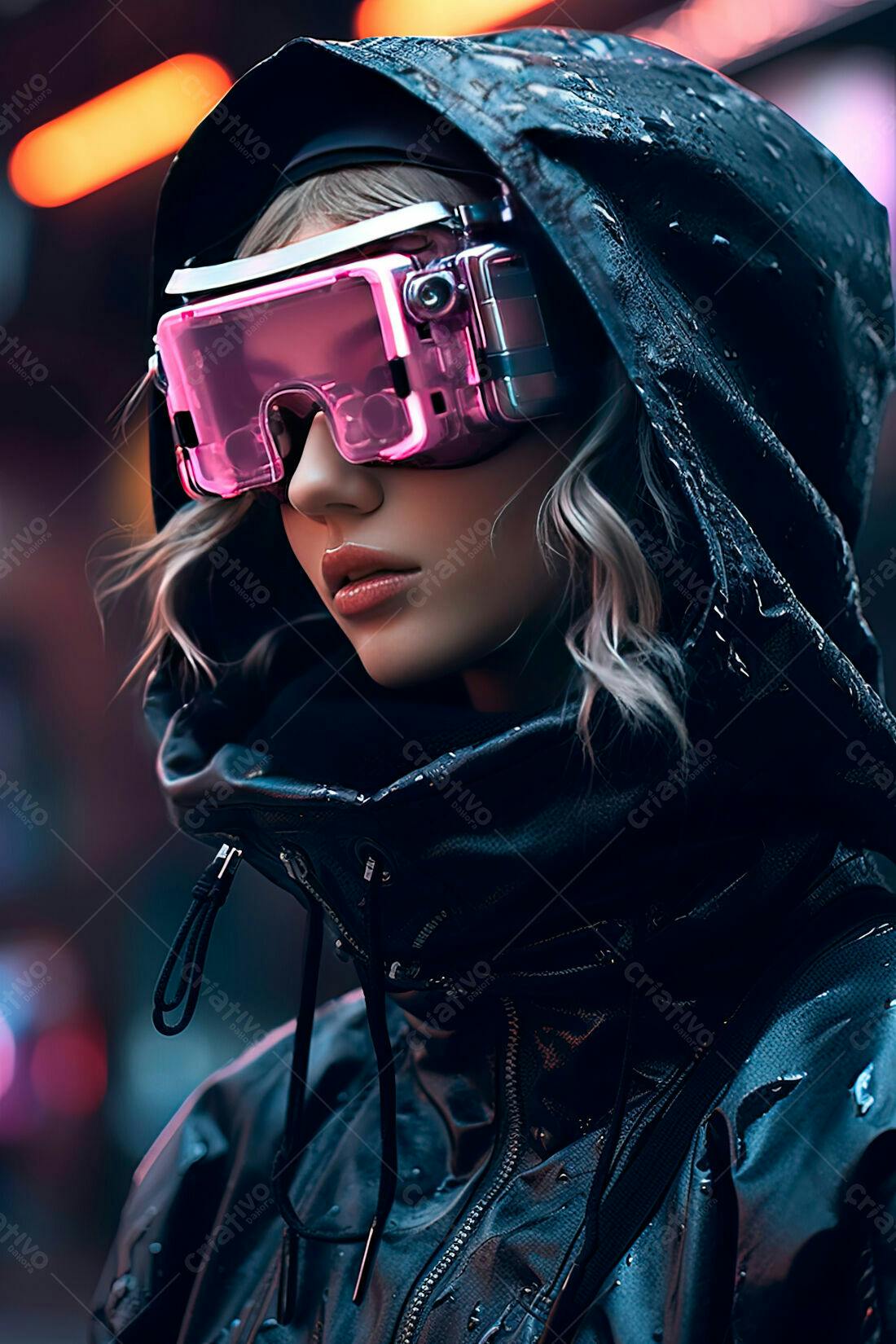 Mulher futurista com óculos rosa em noite chuvosa