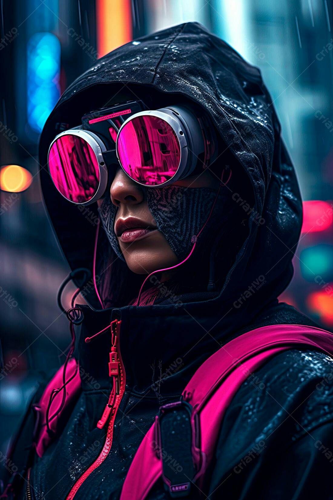 Mulher futurista com óculos rosa em noite chuvosa