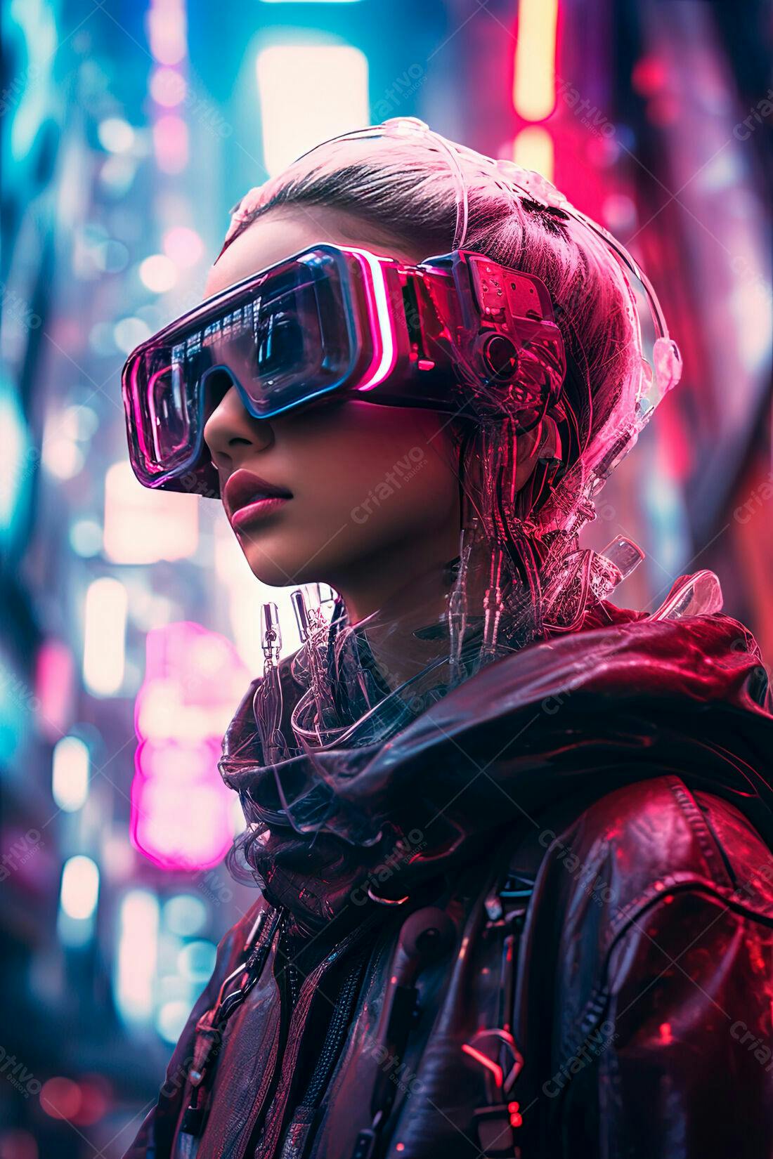 Mulher futurista com óculos VR em cidade neon