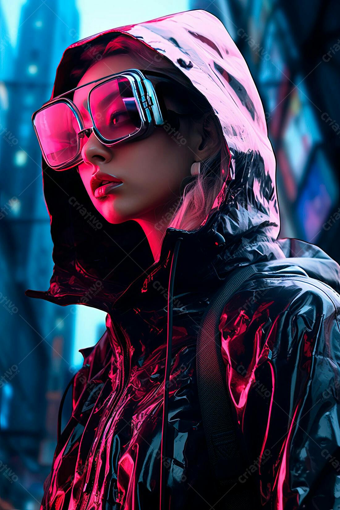 Modelo cyberpunk com óculos futuristas
