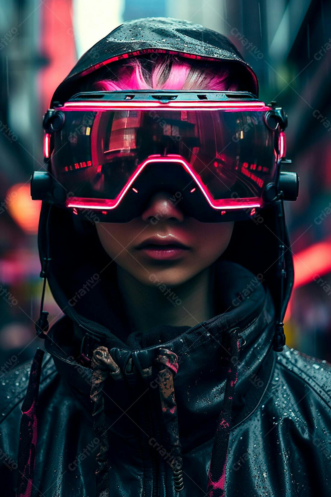 Mulher futurista com óculos neon na chuva