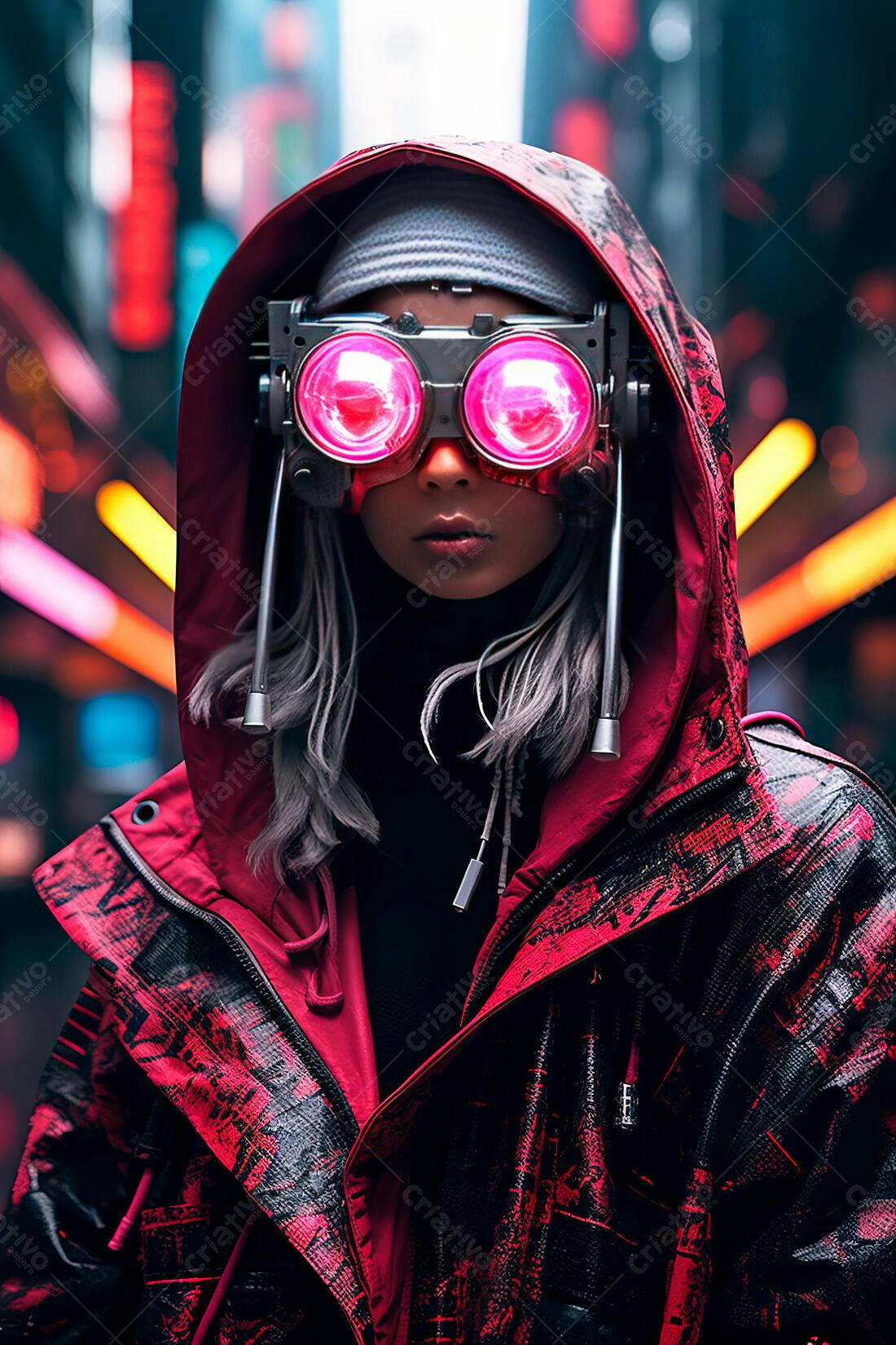 Mulher futurista com óculos neon em cidade noturna
