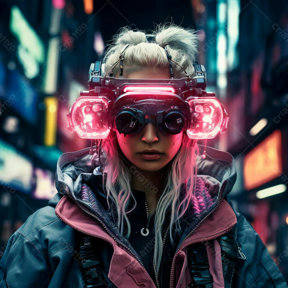 Mulher Cyberpunk com óculos futuristas em cidade noturna