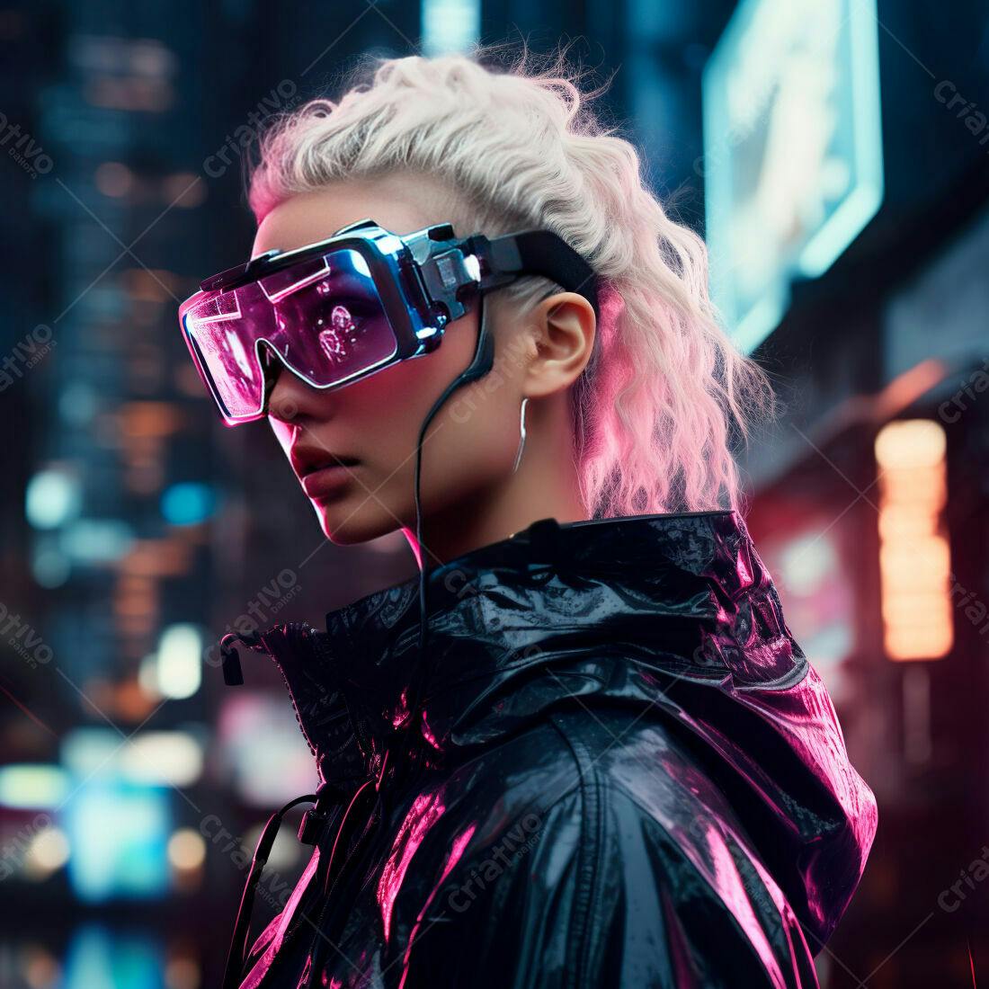 Mulher futurista com óculos de realidade virtual em cidade noturna