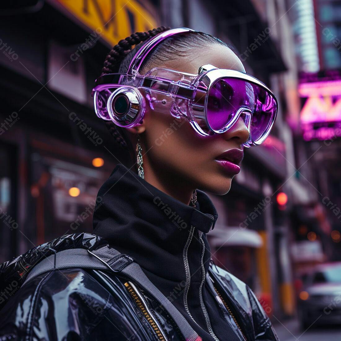 Modelo usando óculos futuristas roxos em ambiente urbano