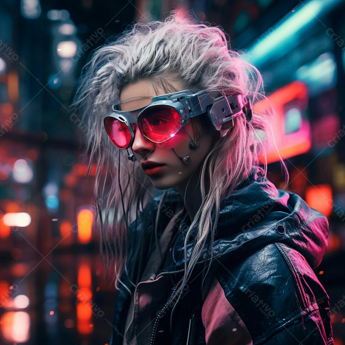 Cyberpunk mulher com óculos futuristas em cidade noturna