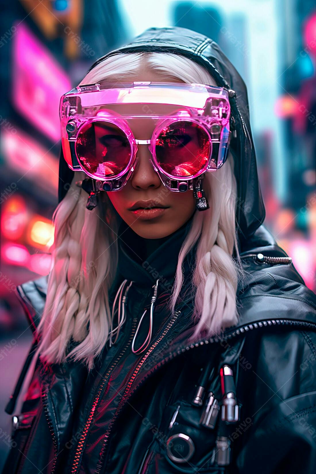Cyberpunk Mulher com óculos futuristas em cidade noturna