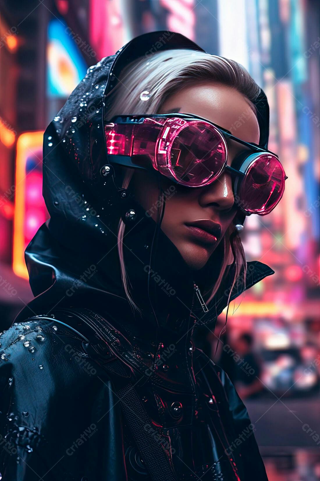 Cyberpunk Mulher com Óculos Rosa em Cidade Noturna