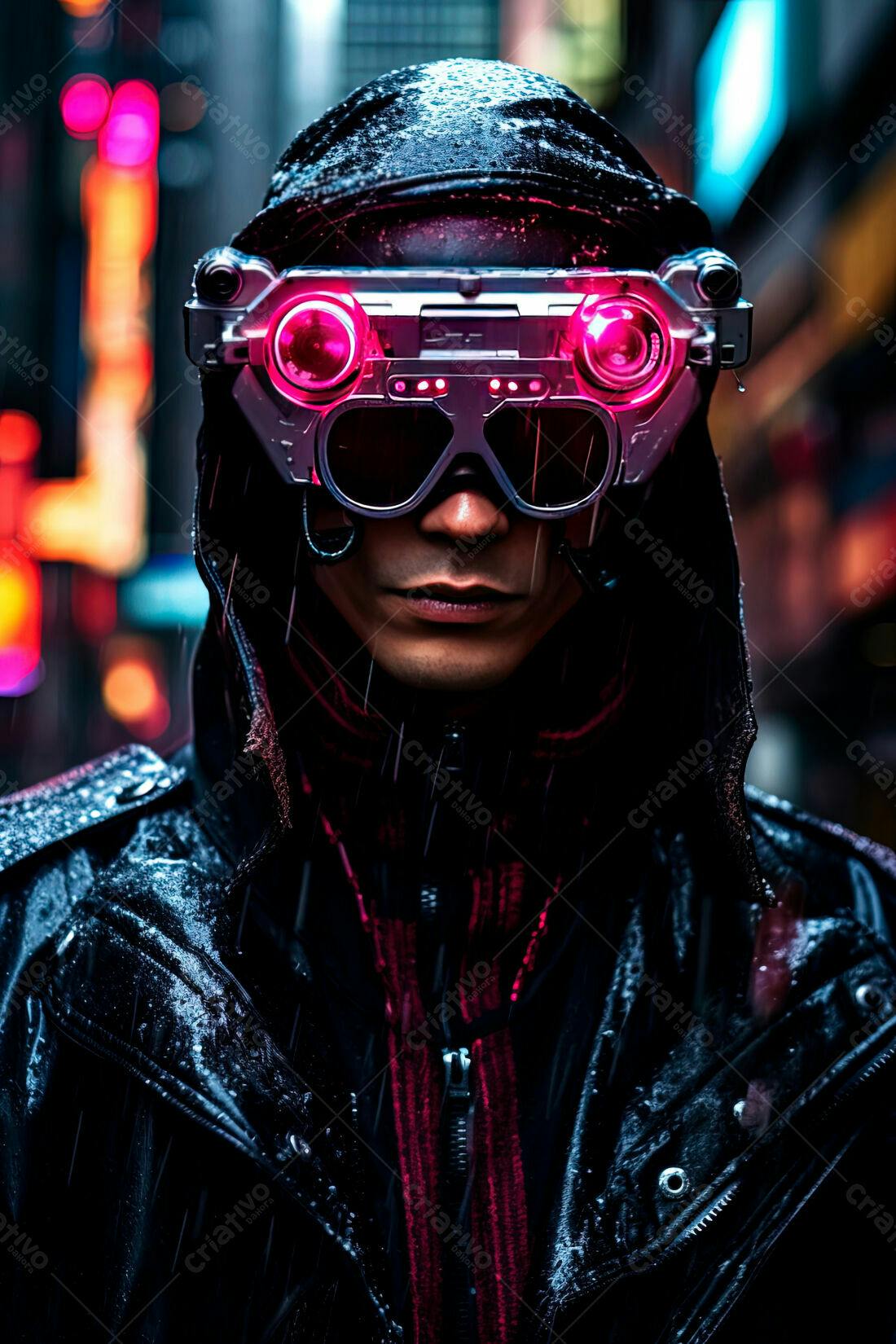 Homem com óculos futuristas na chuva