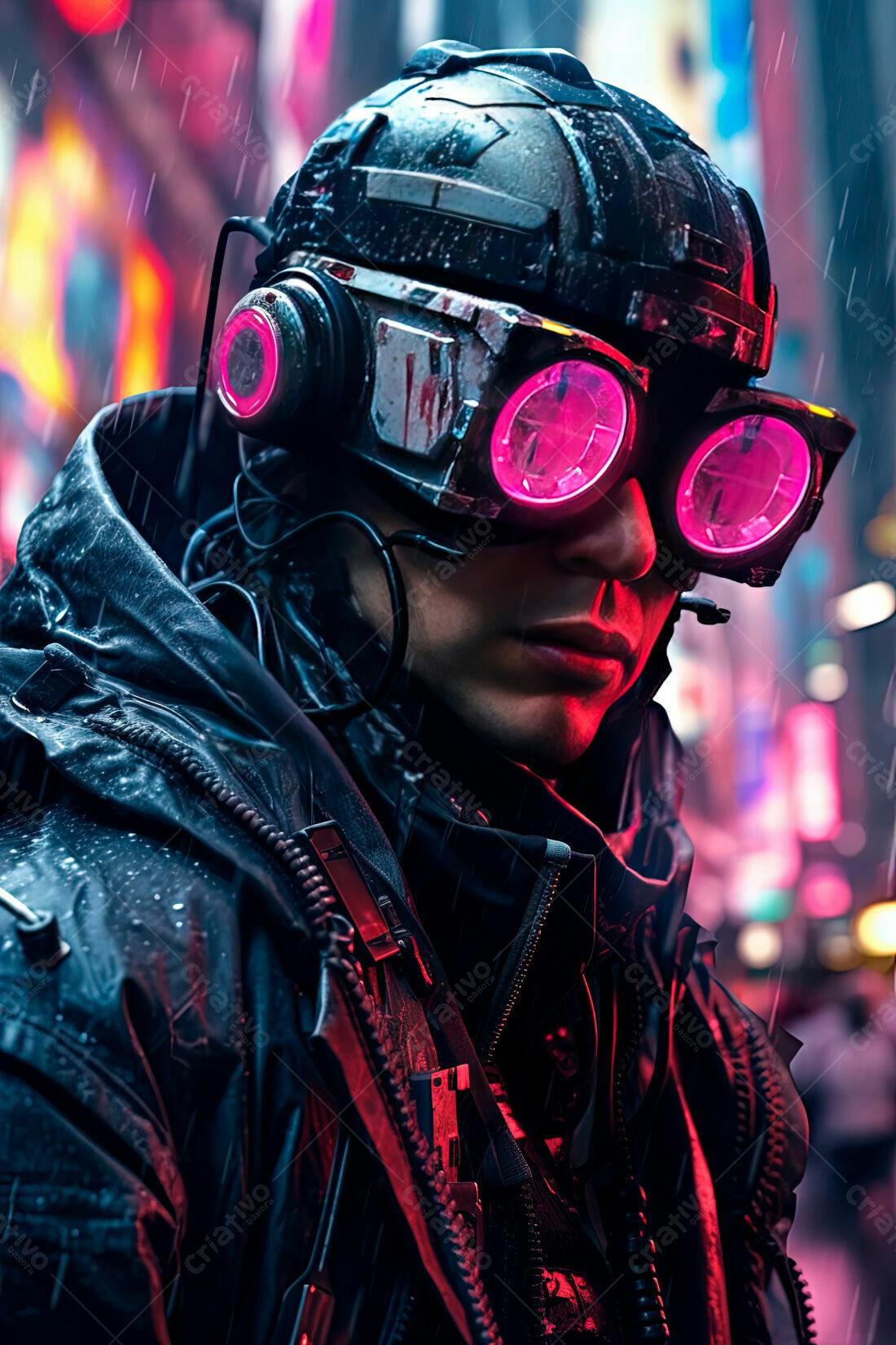 Cyberpunk Homem com Óculos Rosa na Chuva