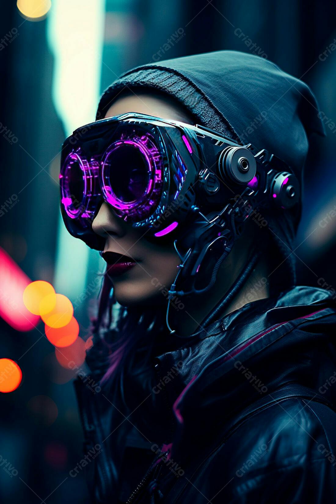 Mulher Cyberpunk com óculos futuristas