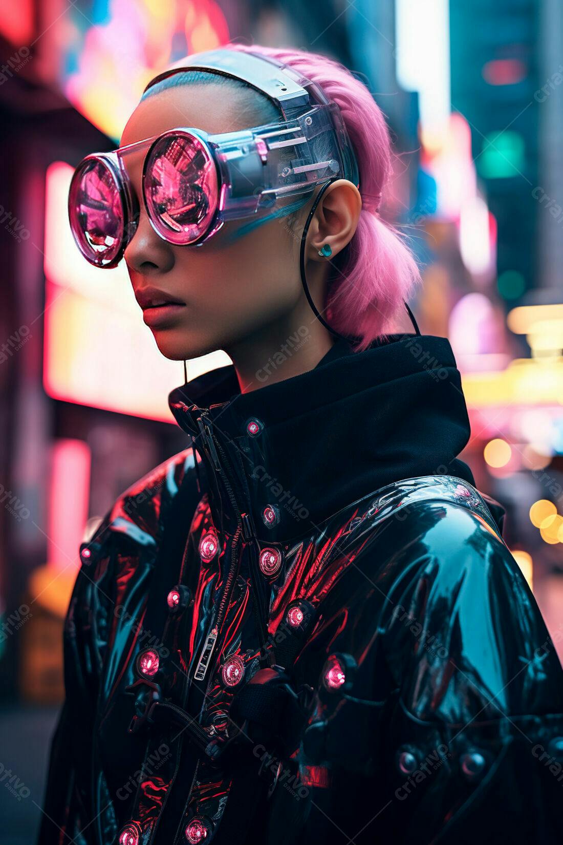 Mulher futurista com óculos cyberpunk em cidade noturna