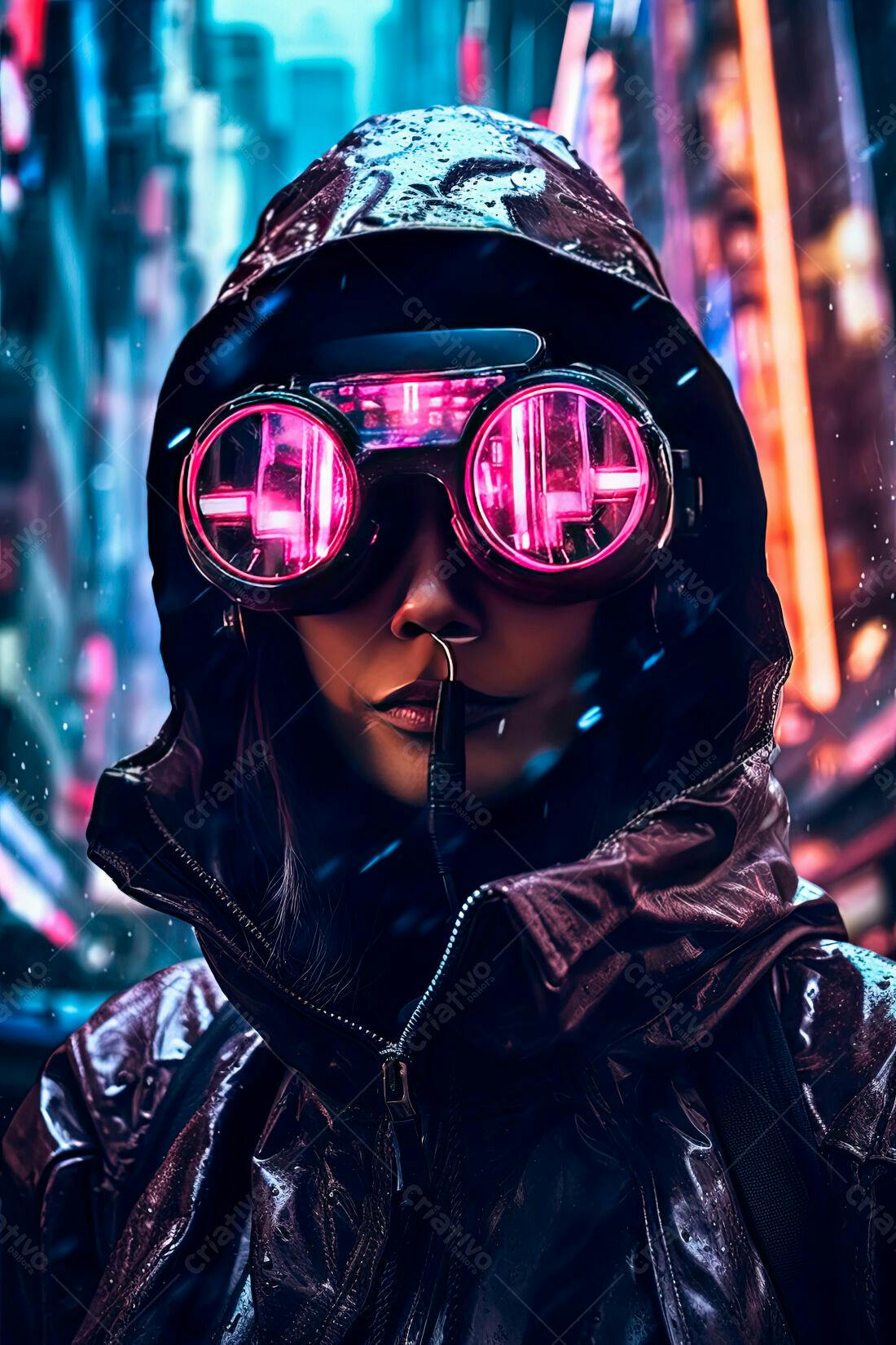 Cyberpunk Mulher com Óculos Neon na Chuva