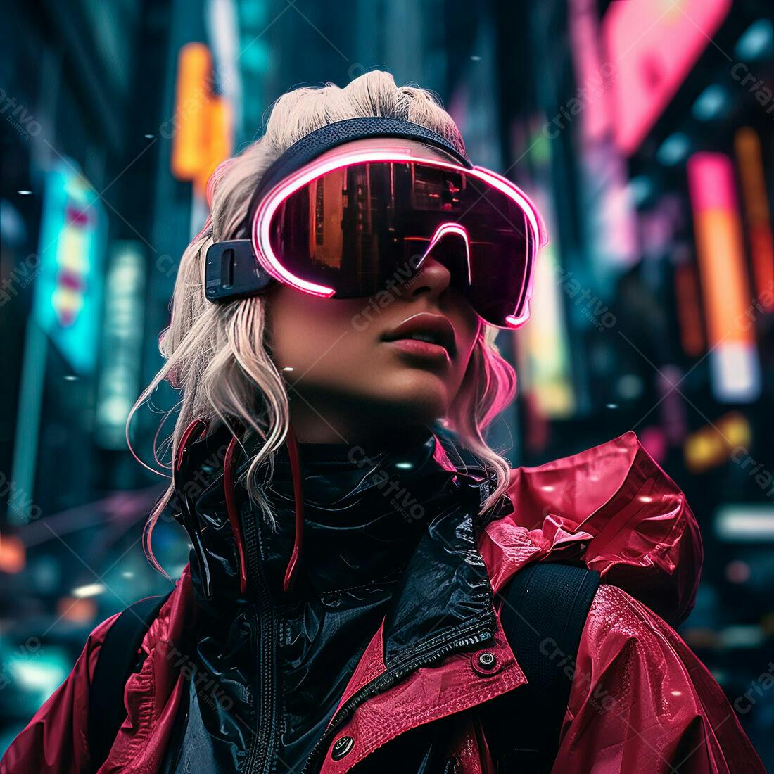 Mulher futurista com óculos neon em cidade noturna