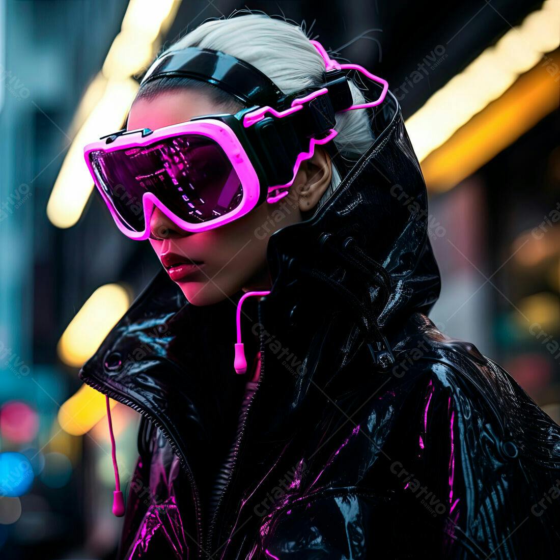 Mulher com óculos futuristas em ambiente urbano noturno
