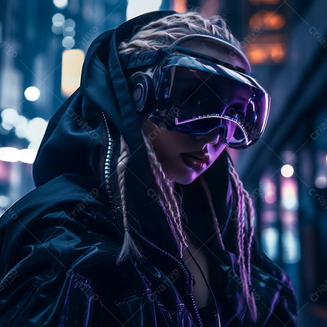 Mulher Cyberpunk com Óculos futuristas em rua noturna