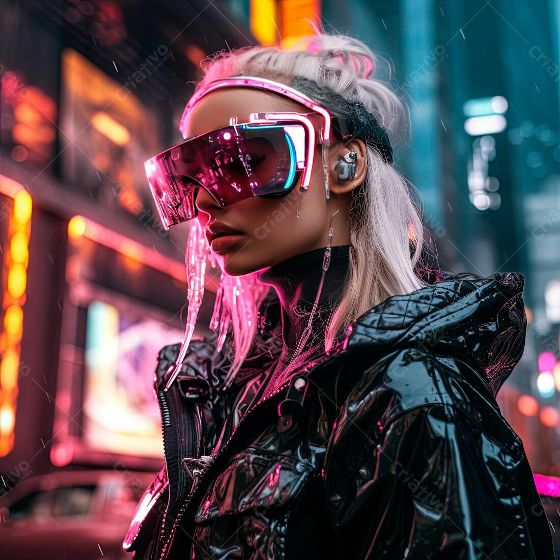 Cyberpunk mulher na chuva noite neon