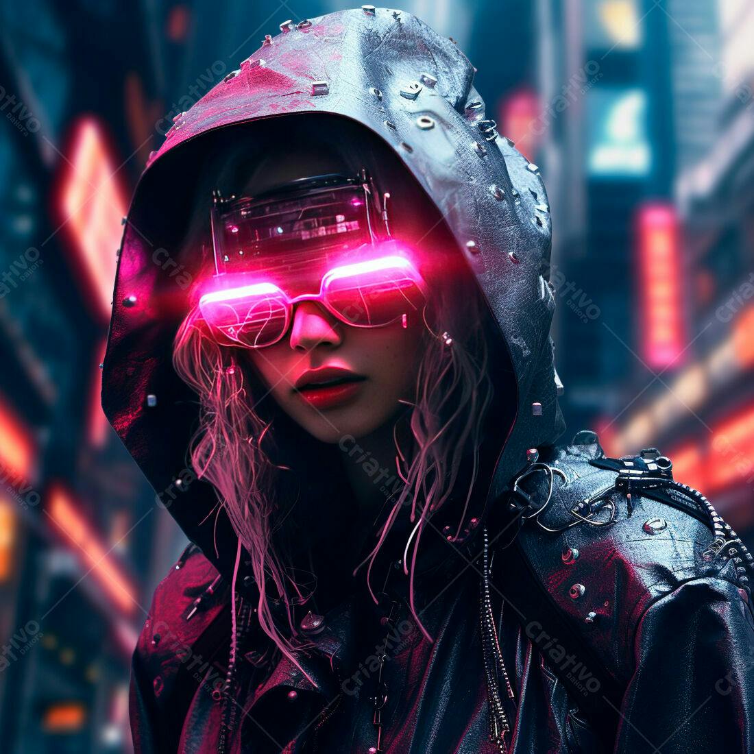 Cyberpunk Mulher com óculos neon em cidade futurista