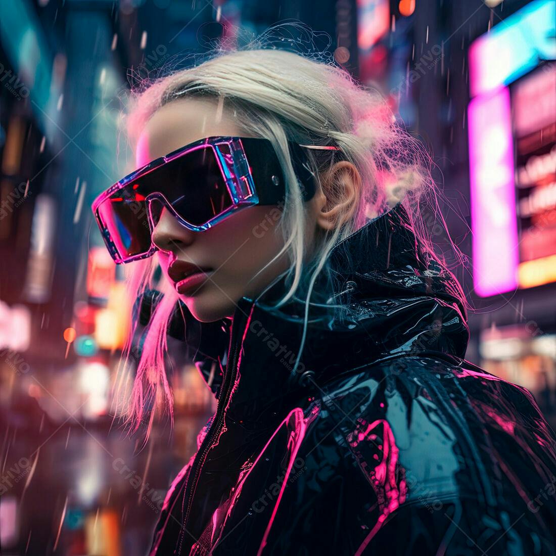 Modelo usando óculos futuristas em noite chuvosa