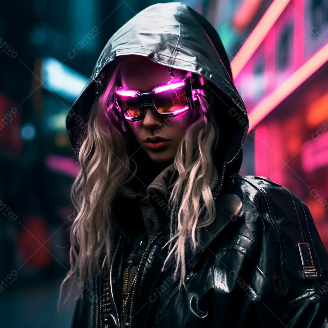 Mulher Cyberpunk com óculos neon em rua noturna