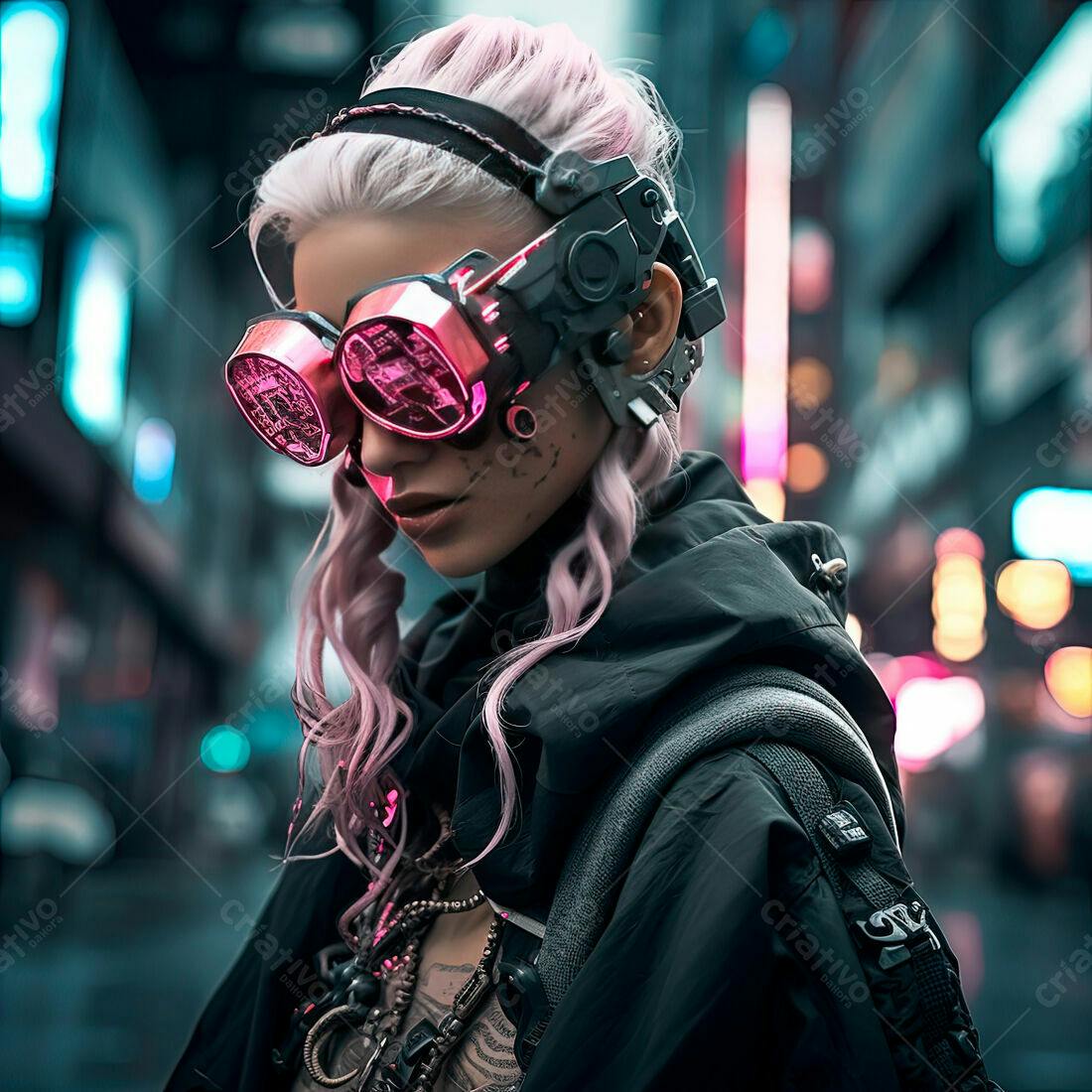 Mulher Cyberpunk com óculos futuristas em rua noturna