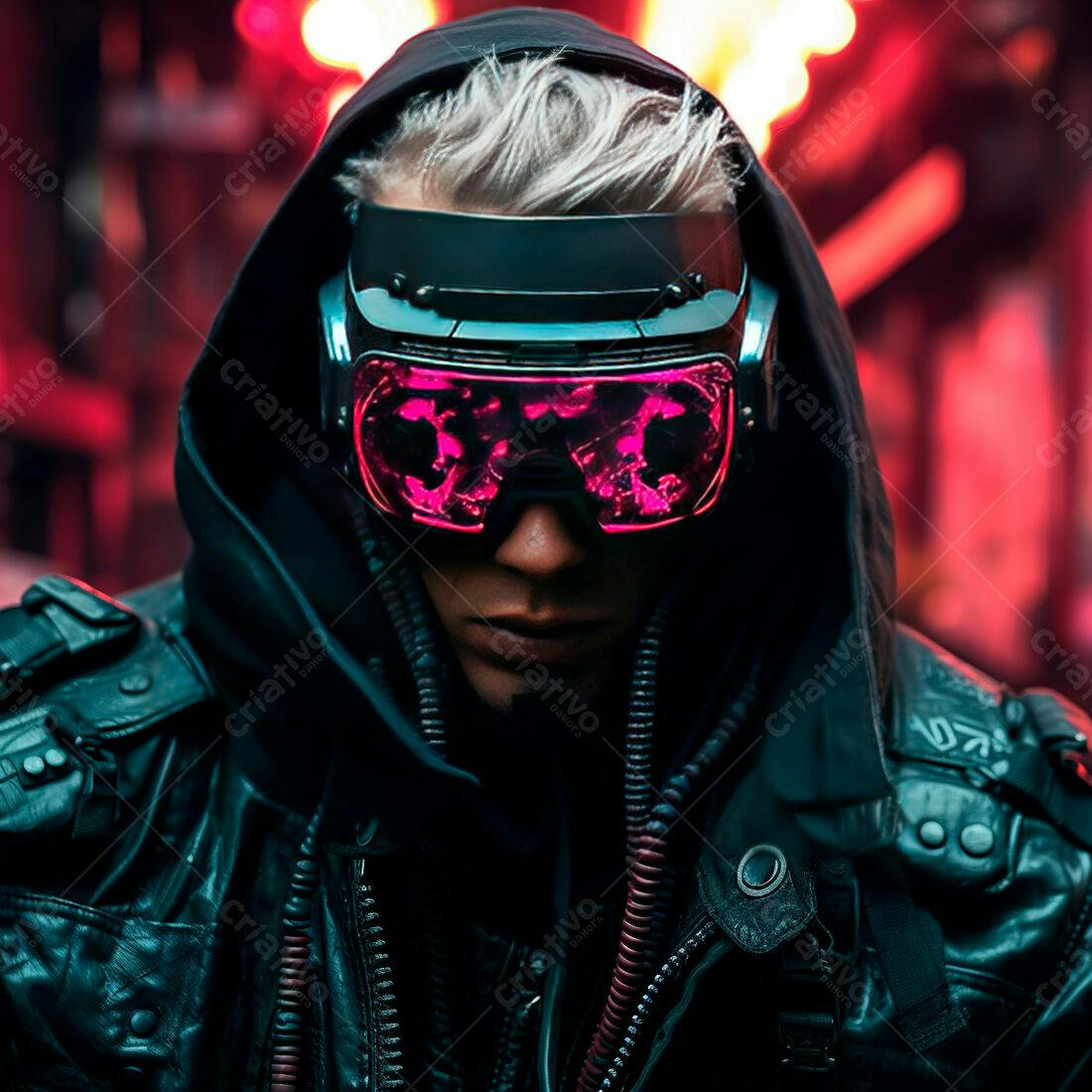 Homem com óculos futuristas rosa em ambiente cyberpunk