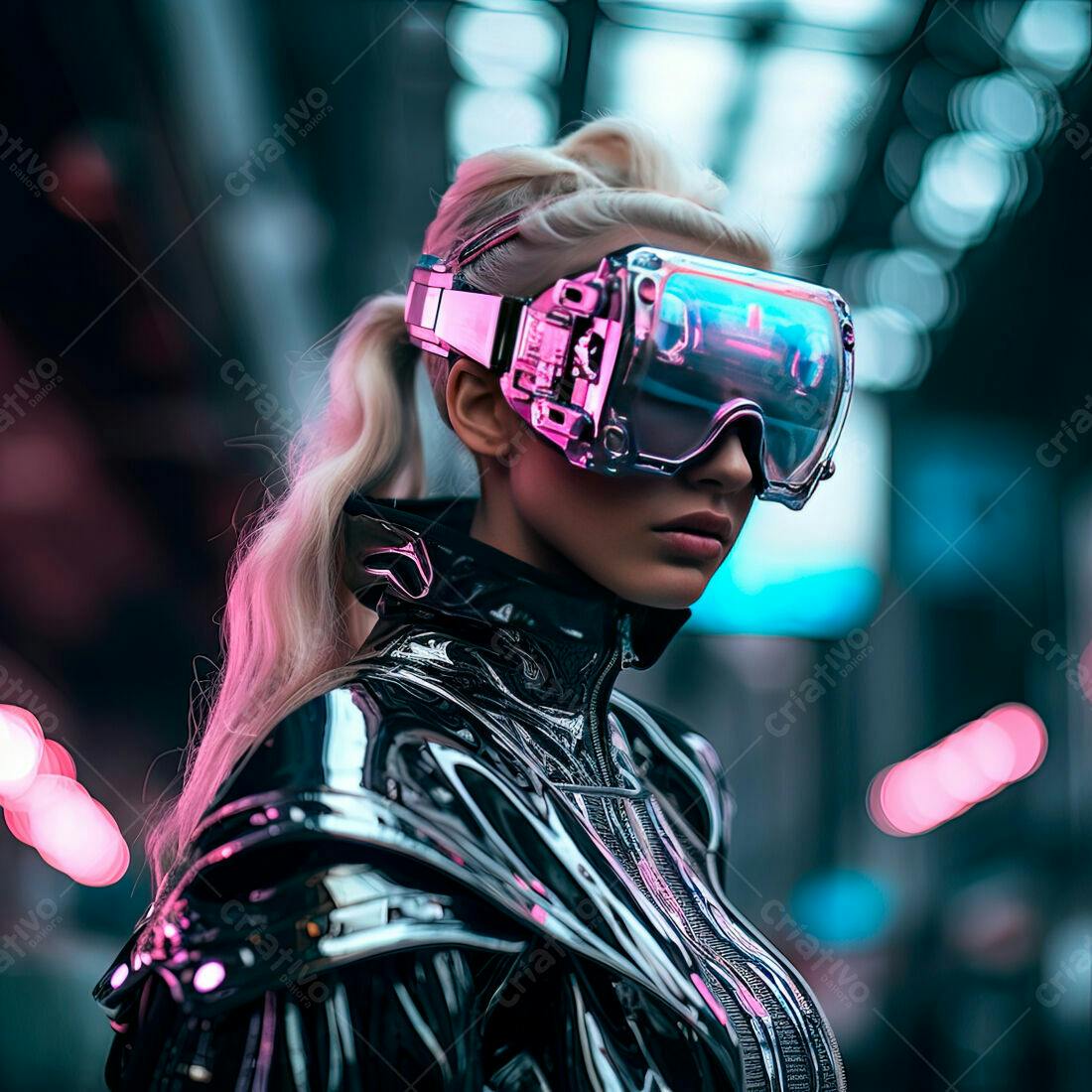 Mulher futurista com óculos cyberpunk em cidade noturna