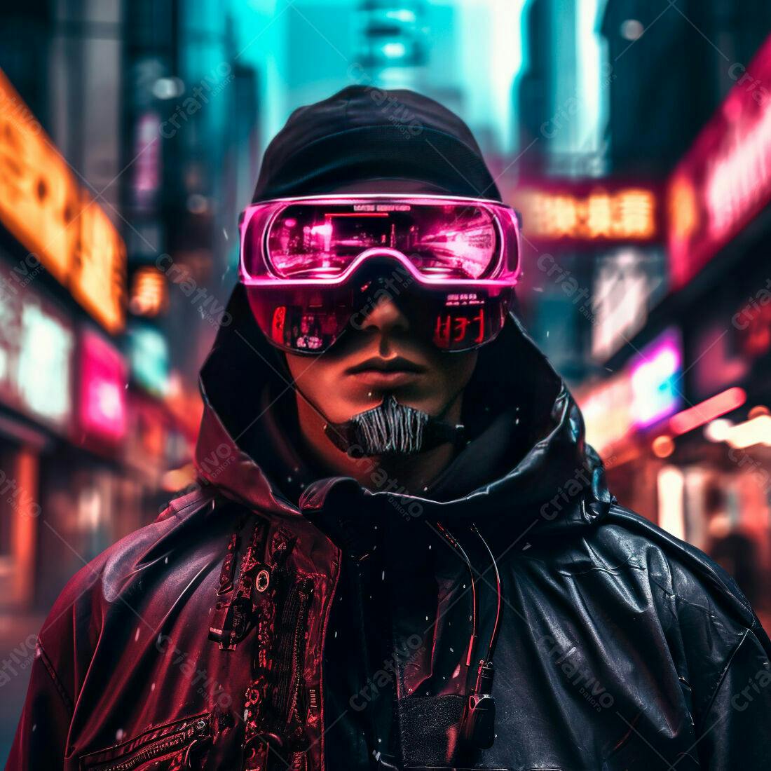 Cyberpunk Homem com óculos futuristas em rua noturna
