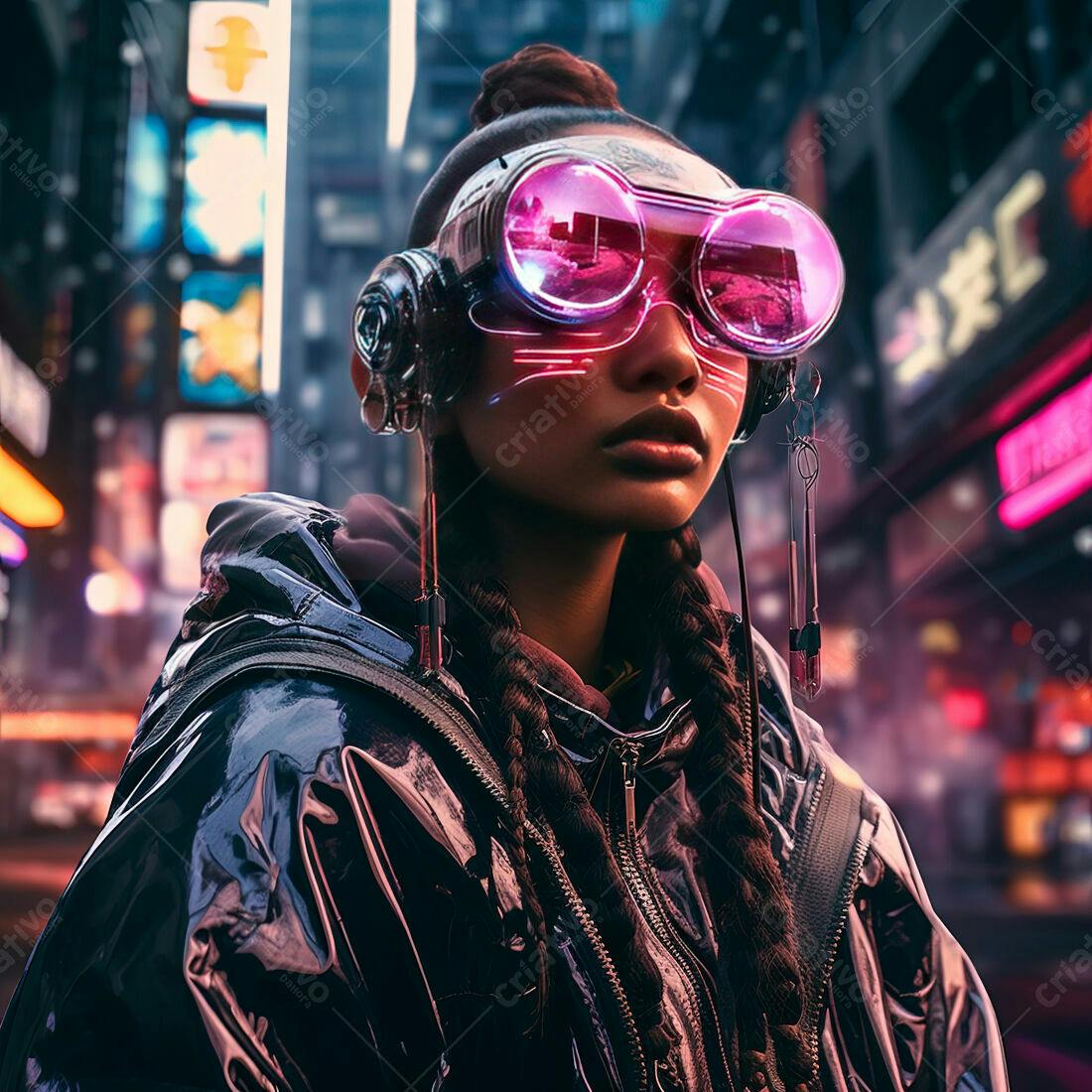 Mulher Cyberpunk com óculos futuristas em cidade noturna