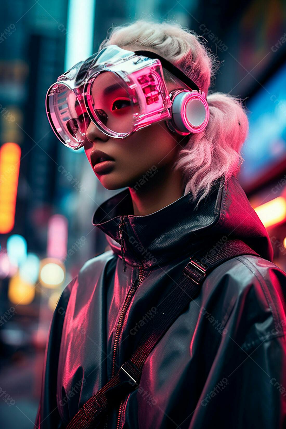 Modelo asiática futurista com óculos cyberpunk